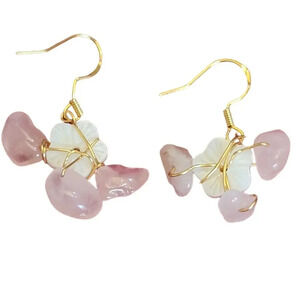 14K Hibiscus Flower Mother of Pearl Pink Quartz Earrings